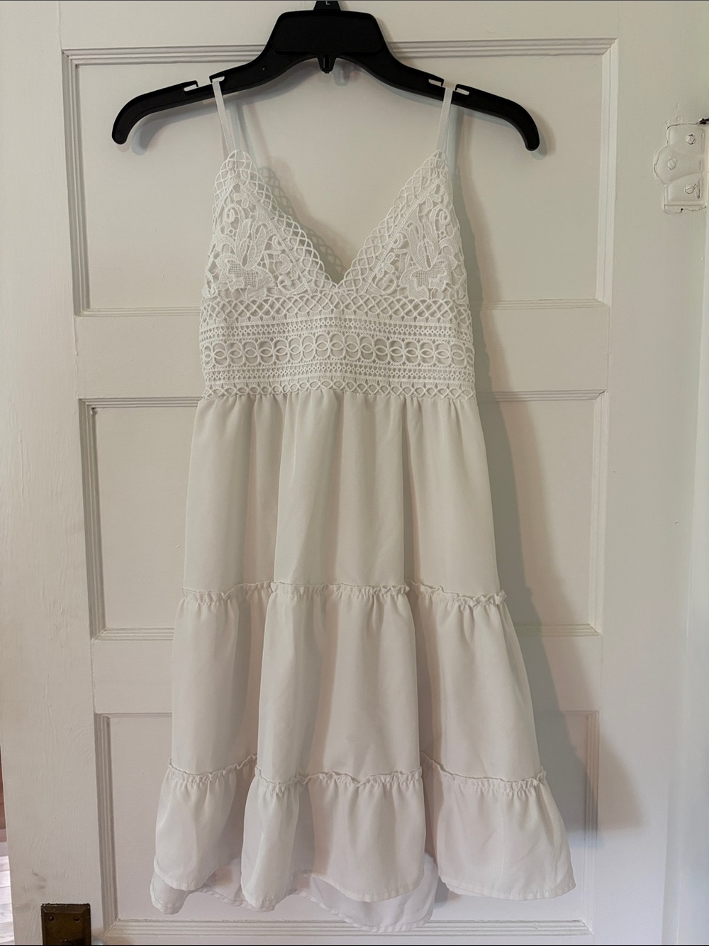 White Crochet Bodice, Spaghetti Strap, Tied Back Dress